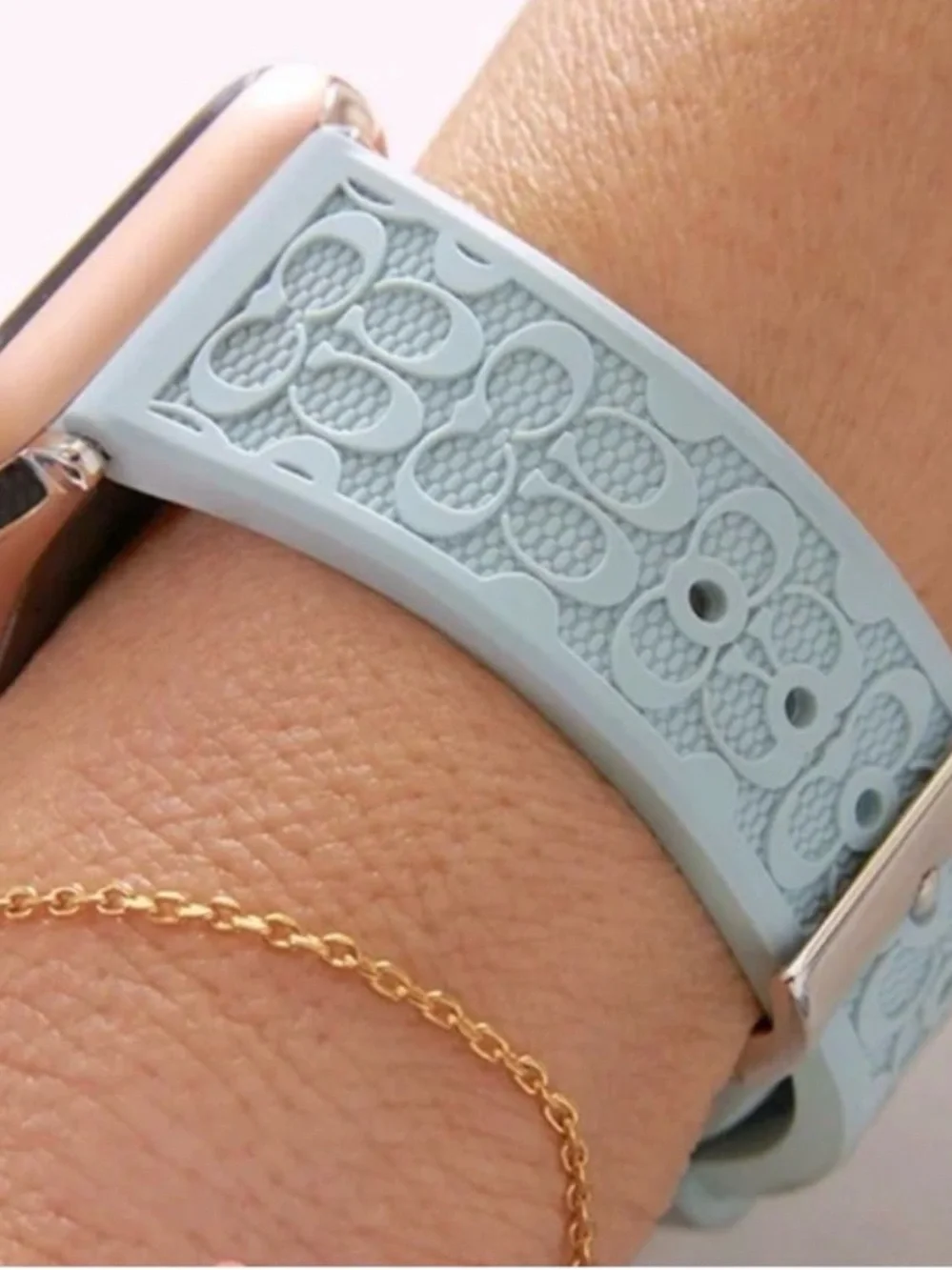 Coach Light Blue Silicone Smartwatch Strap with Signature Embossing
